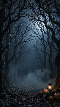 Dark Forest Path with Lantern and Pumpkins - A spooky, dark forest scene features a winding path covered in fallen leaves and a glowing lantern.