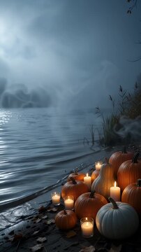 Eerie Lakeside Pumpkins and Candles at Dusk - A collection of pumpkins and lit candles sit on a dark shore beside a foggy, rippling lake.