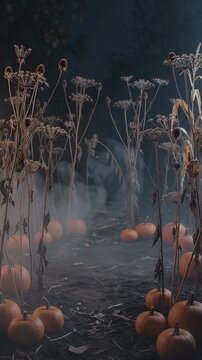 Eerie Pumpkin Patch Fog Vertical - A mystical foggy path winds through a field of pumpkins and dried plants, creating a perfect spooky Halloween atmosphere.