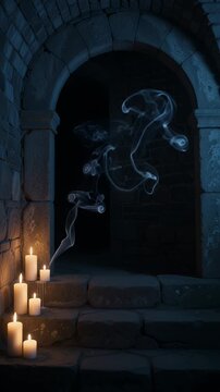 Eerie Smoke Under Gothic Archway with Candles - Ethereal smoke swirls in the darkness beneath a stone gothic archway, illuminated by the soft glow of several lit candles.