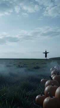 Foggy Field Scarecrow and Pumpkins at Dusk - A spooky scene unfolds in a misty field as a silhouette of a scarecrow stands watch under a cloudy sky.