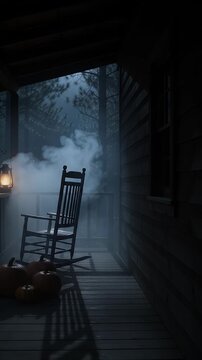 Foggy Forest Cabin Porch with Rocking Chair and Pumpkins - A shadowy rocking chair sits on a wooden porch in a foggy forest, illuminated by a vintage lantern.