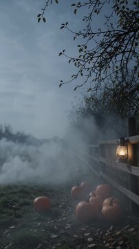 Foggy Orchard Fence with Pumpkins and Lantern - A rustic wooden fence runs along a misty orchard path, adorned with a glowing lantern on the right.