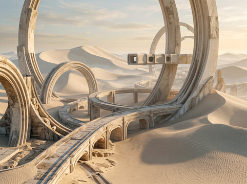 Circular concrete architectural rings and bridge pathways traverse endless sandy desert dune landscape.