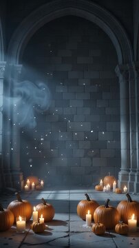 Gothic Archway Halloween Pumpkins Candlelight - A spooky Halloween scene unfolds within a gothic stone archway, featuring a collection of carved and uncarved pumpkins illuminated by the warm glow of