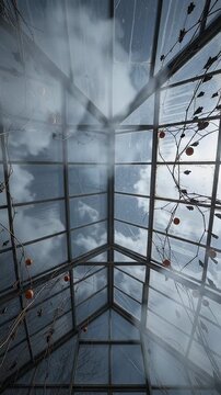 Greenhouse Roof Perspective with Autumn Fruit - A dramatic low-angle view looking up at the glass roof of a greenhouse, revealing bare branches with small orange fruits and a cloudy sky.