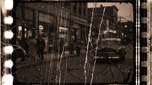 Damaged film strip with scratches and perforations presents a vintage aesthetic
