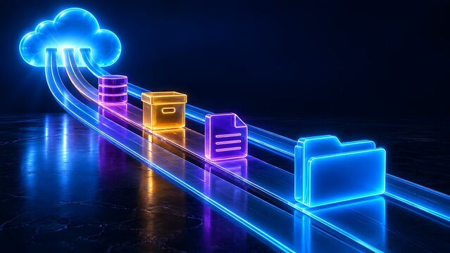 High speed digital track transferring data folder and server icons directly into glowing cloud storage