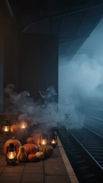 Halloween pumpkins and lanterns on abandoned train platform with fog - A spooky scene unfolds on an abandoned railway platform, featuring a collection of pumpkins and vintage lanterns grouped on the