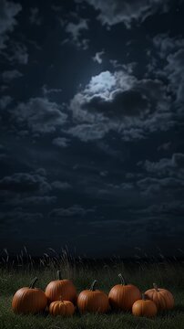 Halloween Pumpkins in Moonlit Field - A group of pumpkins rests on grassy ground under a cloudy, moonlit night sky. The scene evokes a spooky and festive Halloween atmosphere.