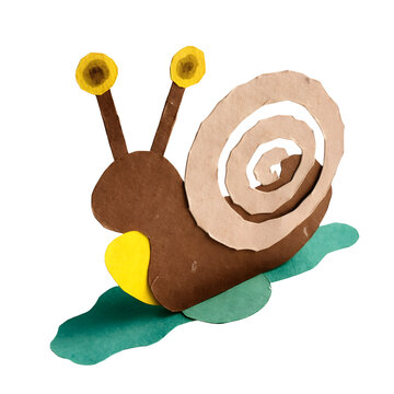 Cute paper craft snail with spiral shell on a leaf as transparent object