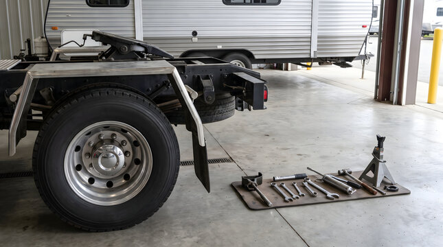 A 5th wheel rv hitch assembly in a repair shop with tools laid out on the garage floor ready for maintenance