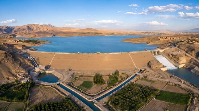 Aerial view of a large water reservoir dam surrounded by mountains and agricultural fields with reservoir landscape mountains irrigation outdoors