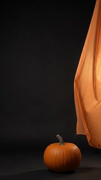 Minimalist Autumn Pumpkin and Orange Fabric Against Black - A single, ripe pumpkin sits on a dark background with a flowing piece of orange fabric draped behind it.