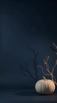 Minimalist Halloween Pumpkin and Branch - A single white pumpkin sits beside a bare branch casting a spooky shadow on a dark blue background.