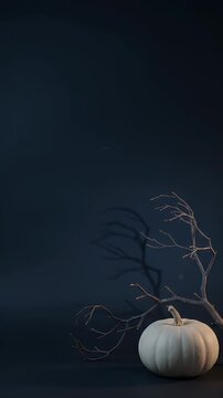 Minimalist White Pumpkin and Branch Silhouette - A simple, elegant composition featuring a single white pumpkin and a bare, gnarled branch casting a stark shadow against a dark blue backdrop.