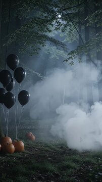 Misty Forest Halloween Scene with Black Balloons and Pumpkins - A mystical and eerie forest scene at night, illuminated by a faint moon.