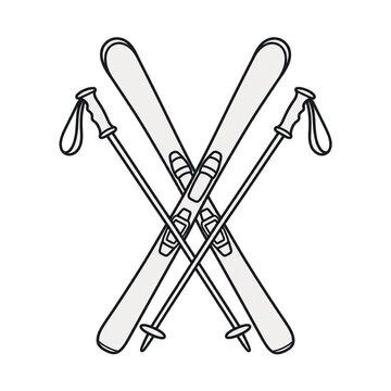Crossed skis and poles monoline illustration