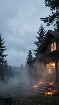 Misty Mountain Cabin Exterior with Halloween Decorations - A rustic wooden cabin is nestled in a misty mountain forest, with pumpkins and lanterns adorning the porch steps.