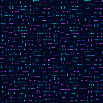 Abstract digital background featuring glowing neon programming code syntax on a dark blue backdrop.