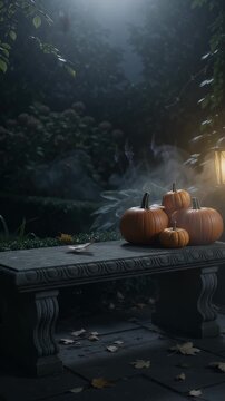 Mystical Halloween Garden Pumpkins on Bench - A tranquil garden scene on a misty night, featuring a stone bench adorned with several pumpkins of varying sizes.