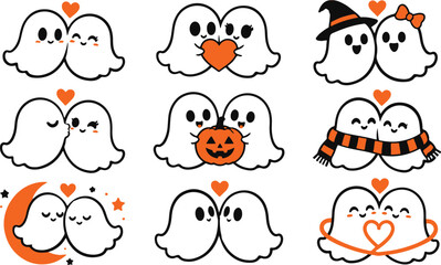 Fototapeta premium Cute ghost couple collection with hearts for Halloween designs