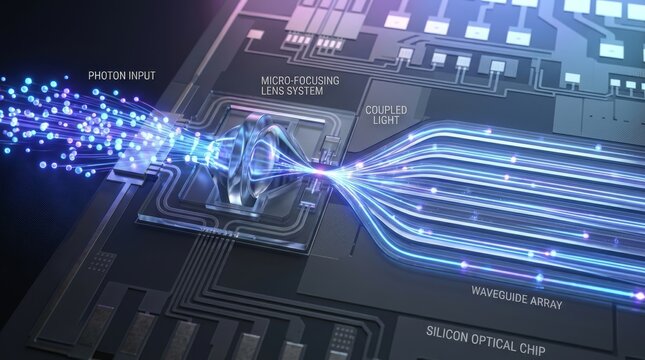 Advanced 3D Visualization of a Silicon Optical Chip Featuring a Waveguide Array and Micro-Focusing Lens System for Quantum Computing and High-Speed Photonic Data Communication Technology