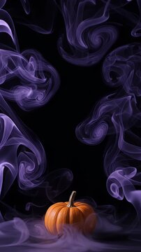 Orange Pumpkin With Purple Smoke Swirls On Black Background - An orange pumpkin sits on a black surface, surrounded by wisps of purple smoke that curl and swirl upwards.