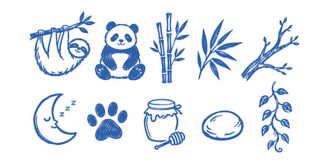 Fototapeta premium Cute panda sloth and jungle elements doodle set Vector Illustration 