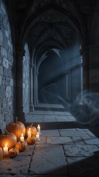 Spooky Castle Corridor with Pumpkins and Candles - A dimly lit stone corridor in a gothic castle is decorated with carved pumpkins and lit candles.