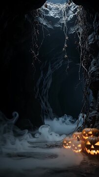 Spooky Cave Entrance with Carved Pumpkins and Fog - A dark, mysterious cave entrance opens to a dimly lit hole in the ceiling, with bare vines hanging down.