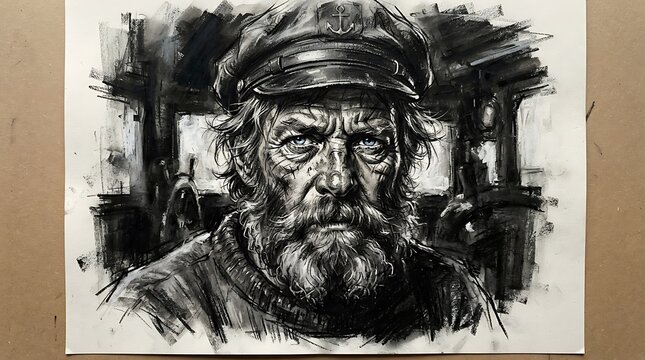 Dramatic Charcoal Sketch Portrait of a Weathered Old Sea Captain Wearing a Cap