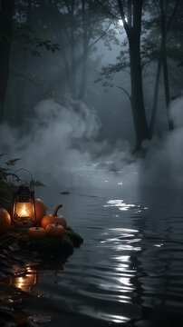 Spooky Forest Lantern and Pumpkins by Water - A vintage lantern casts a warm glow on a cluster of pumpkins nestled on a mossy bank beside a dark, misty body of water.