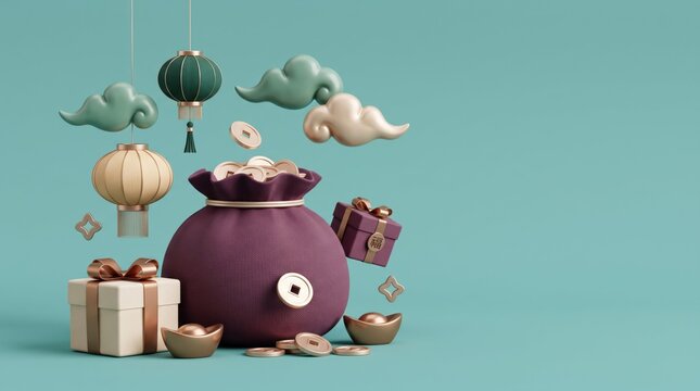 Purple money bag with gifts, coins, and hot air balloons in pastel background