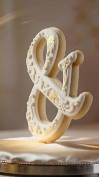 Vertical video: Sweeping light making ornate ampersand rotating on studio stand, showing gold dust