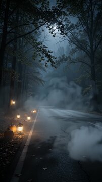 Spooky Forest Road with Lanterns and Pumpkins - A dark, misty forest road lined with glowing lanterns and carved pumpkins creates an eerie atmosphere.