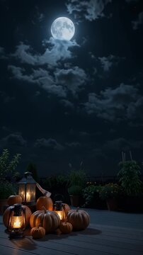 Spooky Full Moon Halloween Night With Pumpkins and Lanterns - A nighttime scene featuring a bright full moon partially obscured by clouds, illuminating a patio decorated with pumpkins and vintage