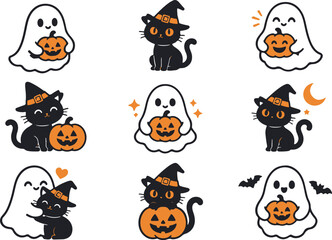 Obraz premium Cute Halloween Ghost and Black Cat Icon Set Collection