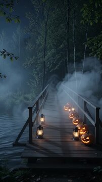 Spooky Halloween Bridge with Pumpkins and Lanterns - A wooden bridge stretches across dark water in a foggy forest, illuminated by glowing jack-o'-lanterns and antique lanterns.