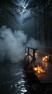 Spooky Halloween Bridge With Pumpkins and Fog - A wooden bridge crossing a dark body of water is decorated with carved pumpkins and lanterns, shrouded in mystical fog and moonlight.