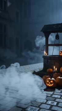 Spooky Halloween Courtyard with Jack-o'-lanterns and Fog - A dimly lit courtyard at night, featuring a stone well, carved jack-o'-lanterns with glowing faces, and flickering candles.