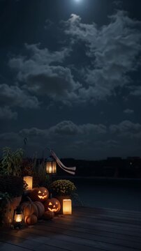 Spooky Halloween Night Decoration on Wooden Deck with Full Moon - A collection of carved pumpkins and lanterns are illuminated on a wooden deck under a cloudy, full moonlit night sky.
