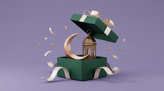 Eid celebration gift box with crescent moon lantern