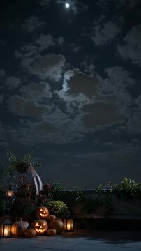 Spooky Halloween Night with Jack-o'-Lanterns Under the Moon - A hauntingly beautiful scene unfolds on a rooftop at night, illuminated by a sliver of moon and cloudy skies.