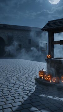 Spooky Halloween Night with Pumpkins and Full Moon - A full moon hangs in the cloudy night sky above a stone courtyard.