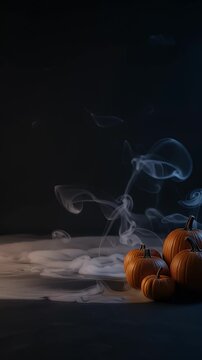 Spooky Halloween Pumpkins with Smoke Effect - A group of pumpkins sits on a dark surface, partially obscured by swirling white smoke.