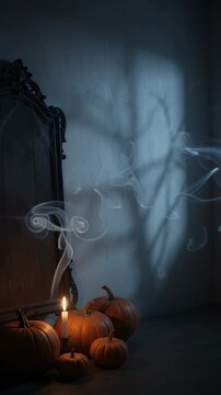 Spooky Halloween Scene with Pumpkins and Antique Mirror - A dark, eerie room features a collection of pumpkins and a lit candle casting shadows on a textured wall.