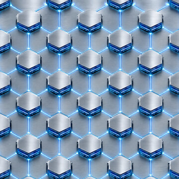 Abstract digital background featuring a metallic hexagonal grid connected by glowing blue light lines