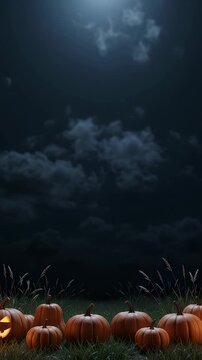 Spooky Pumpkins at Night - A row of carved and uncarved pumpkins sit in tall grass under a dark, cloudy night sky. One jack-o'-lantern glows with an eerie inner light, setting a spooky atmosphere.