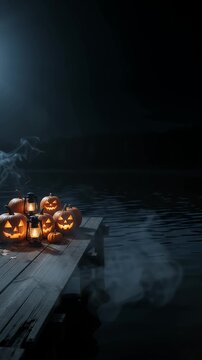 Spooky Pumpkins on a Dark Pier by Water - A cluster of carved, glowing jack-o'-lanterns sits on a wooden pier next to kerosene lanterns, shrouded in mist.